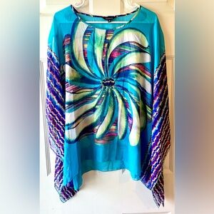 Multiples Turquoise Purple Yellow Pink Cold Shoulder Poncho Style Blouse Medium